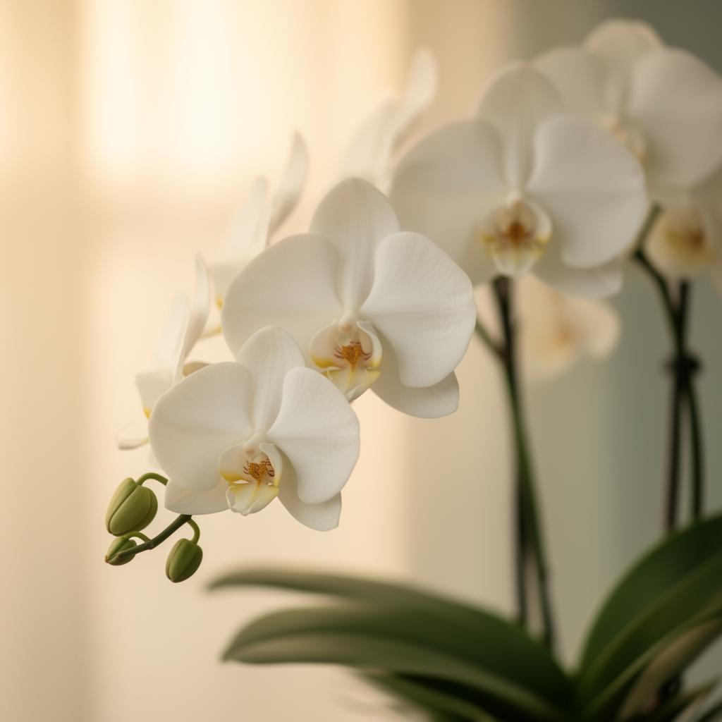 Orchidea bianca in luce calda, simbolo di delicatezza e cura